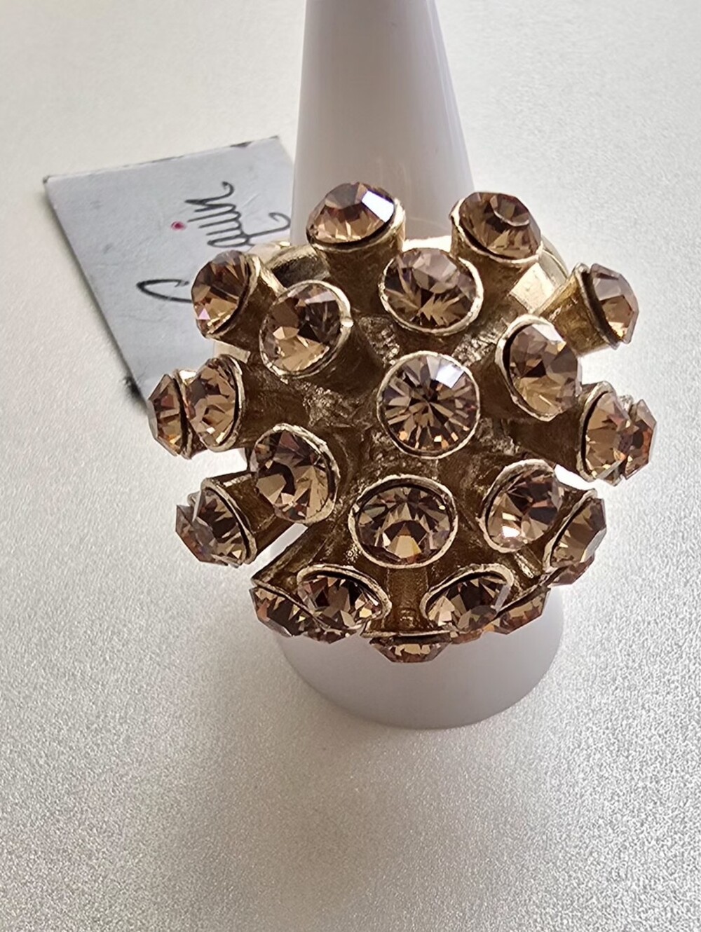Sequin - Gold-Tone Cocktail Stretch Ring with Champagne Stones